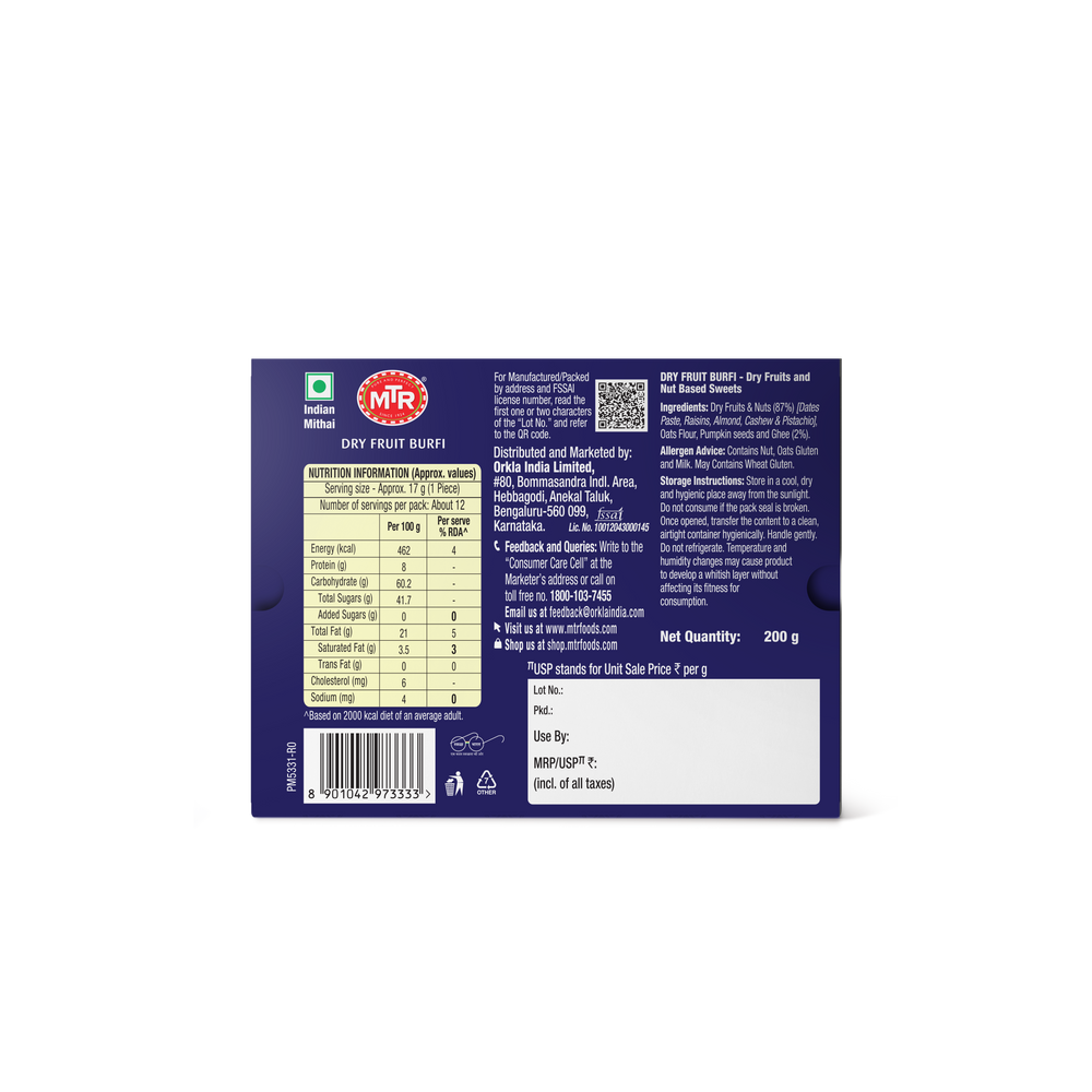 MTR Ghee Dry Fruit Burfi 200g - Orkla India