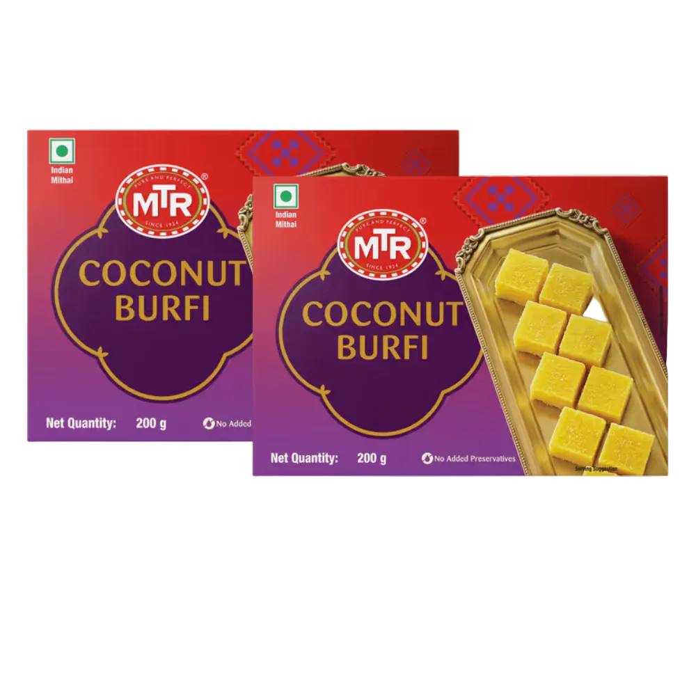 Two packages of MTR Coconut Burfi on a white background