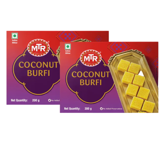 Two packages of MTR Coconut Burfi on a white background