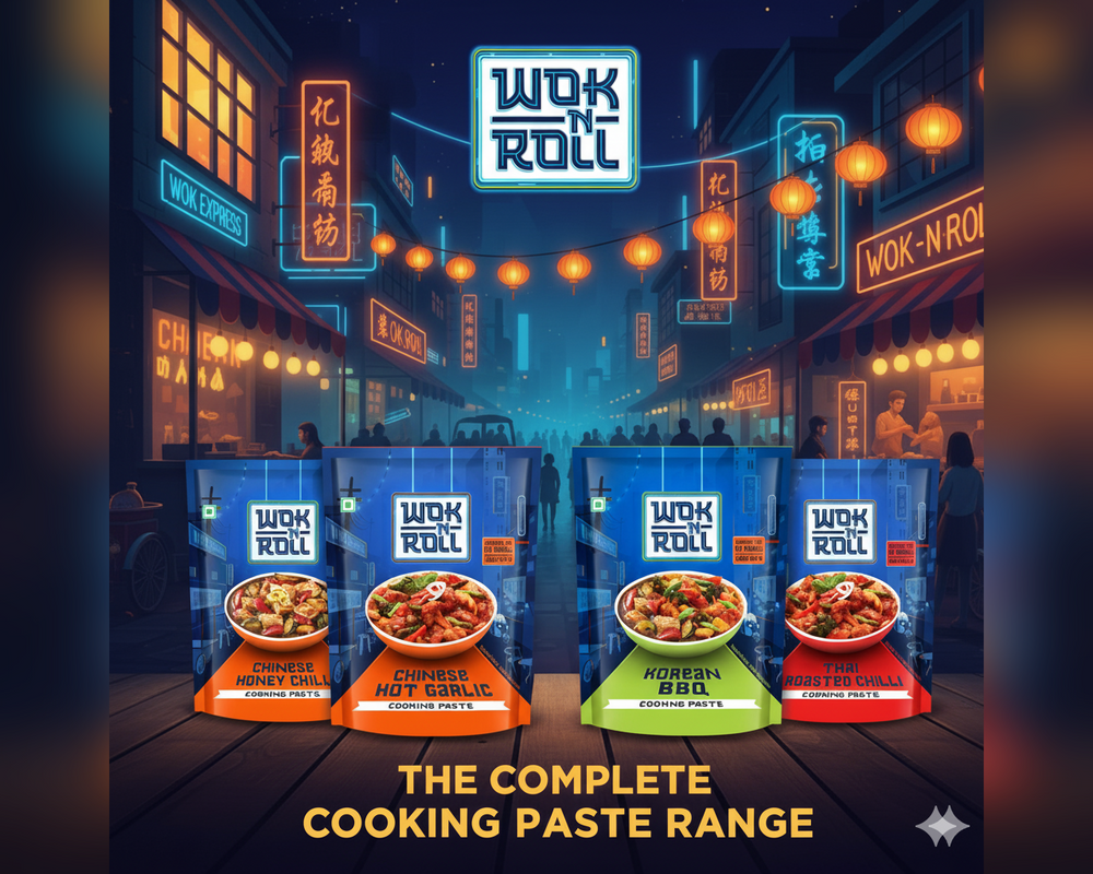 Wok & Roll cooking paste packages displayed in a stylized street scene with neon lights.